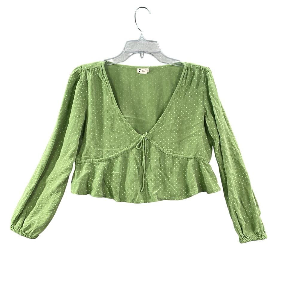Billabong Peplum‎ Top Women Small Green Polka Dot Tie Front Long Sleeve Blouse